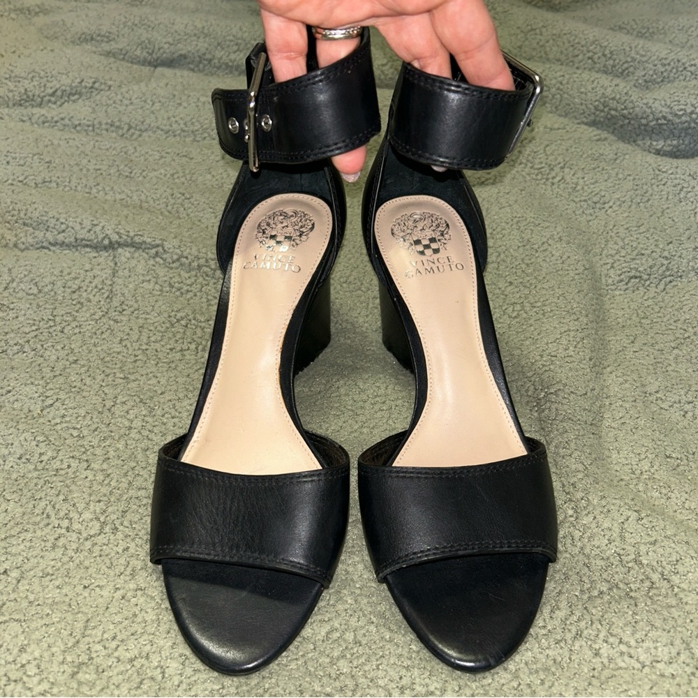 Black open toe heel with ankle strap
